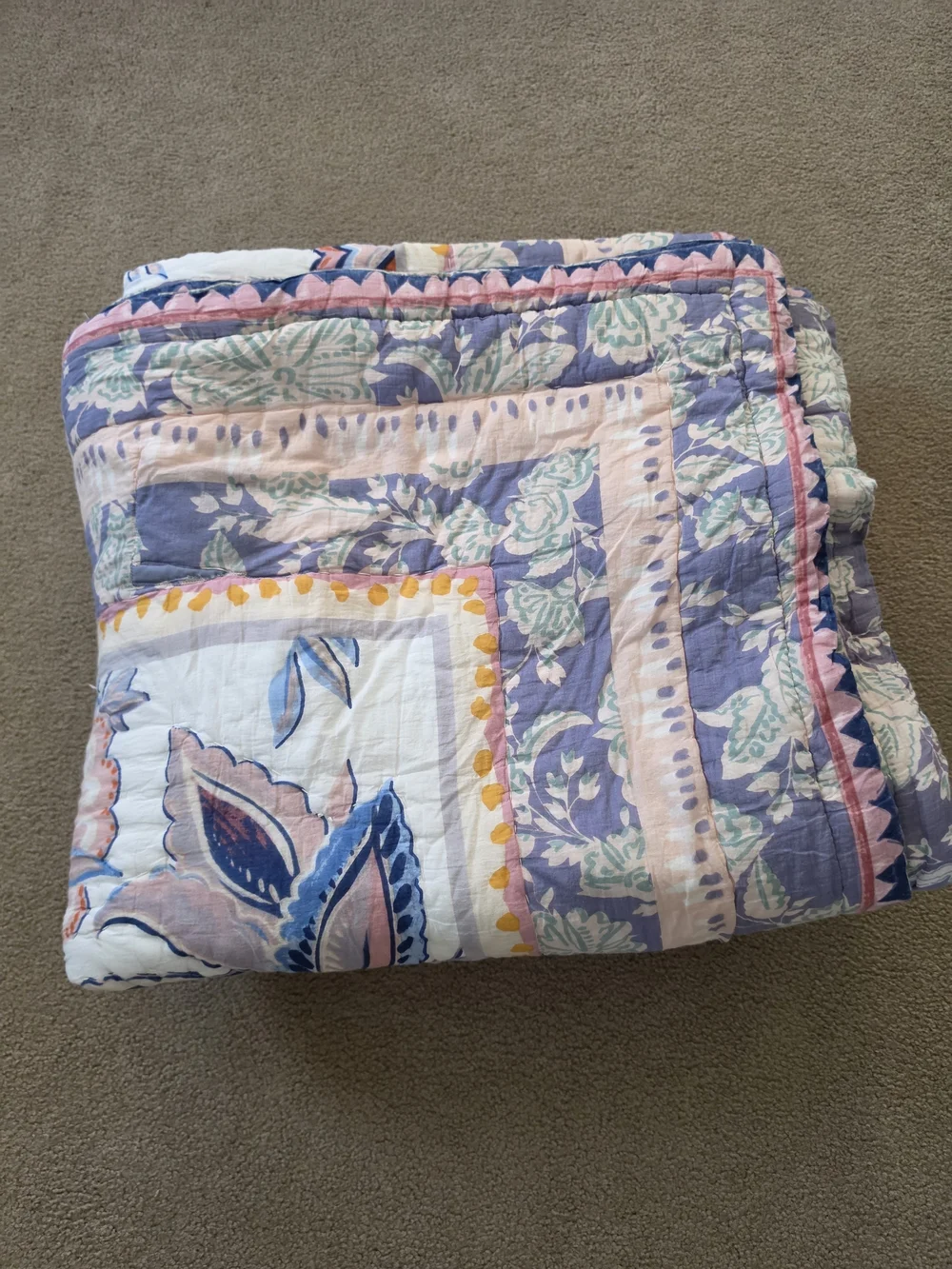 Anthropologie Brynne Floral Quilt And Two Shams in Coral, Navy & Lavender